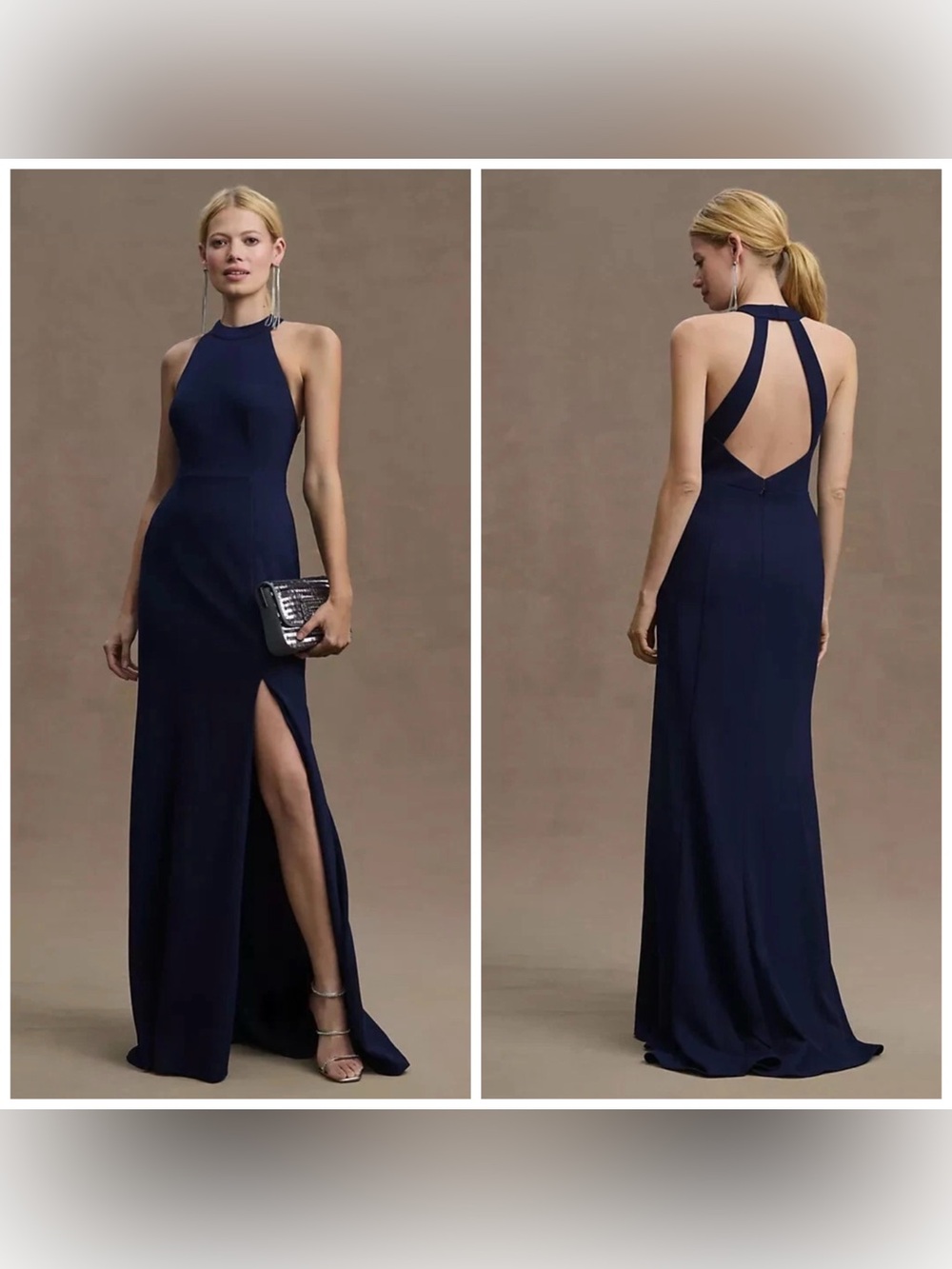 BHLDN Lennox Halter Open-Back Side-Slit Stretch Crepe Gown Small Navy Blue